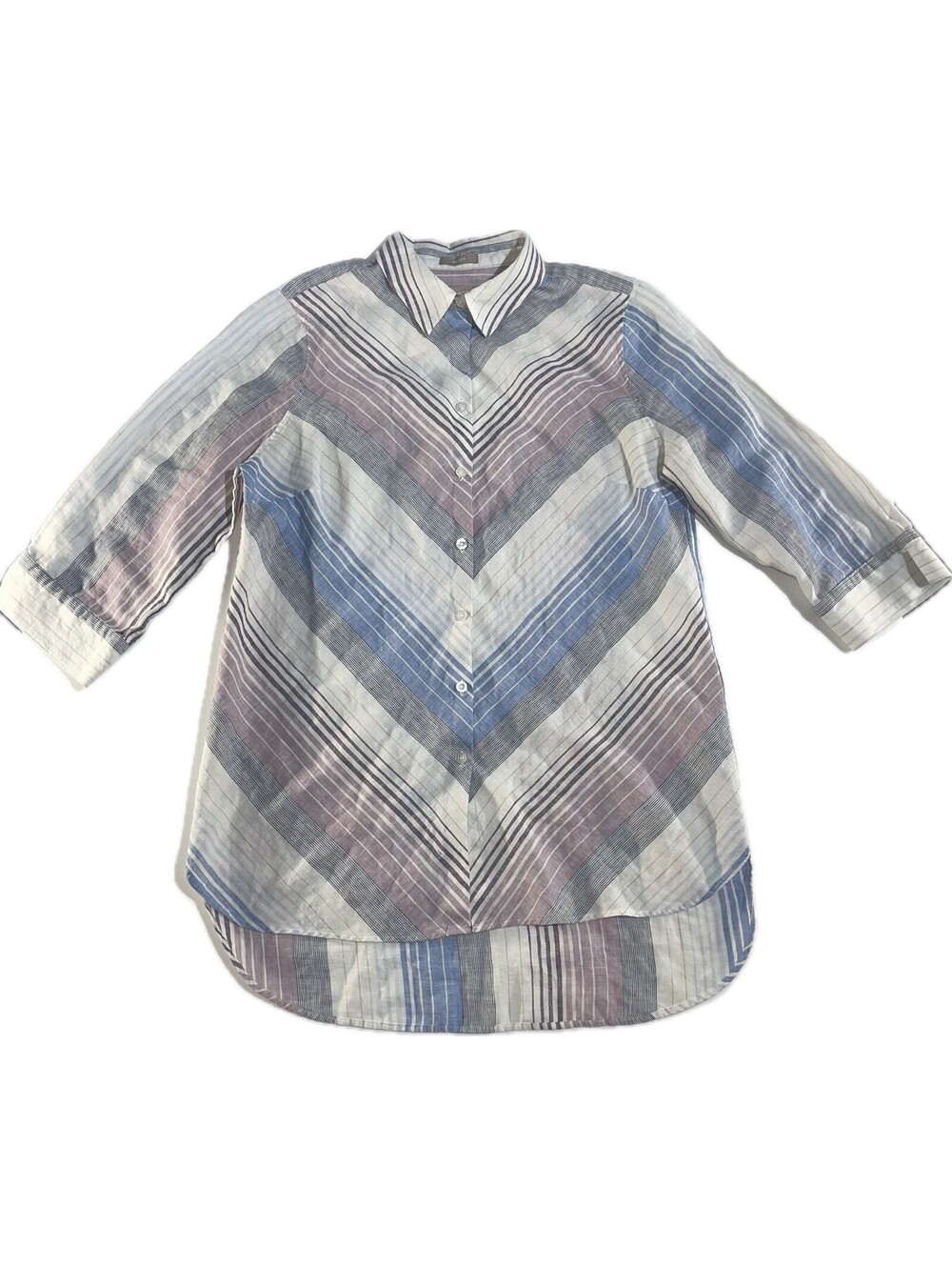 Chico’s Linen Button Tunic Shirt Women’s 1 US 8/10 Chevron Stripe Gray Office